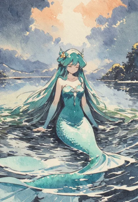 a mermaid ,sad expressive , very long hair lagoon color ,armed with a bow, in the center of a lake, twilight god ray in the clouds in background, detail richness, masterpiece, best quality , traditional painting style, watercolor painting, Major Arcana Tar...