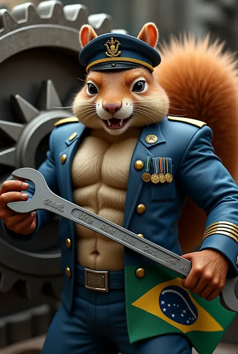 (masterpiece, high quality image), (muscled and angry squirrel), (wearing naval naval military uniform from Brazil navy blue), (white naval military cap), (male squirrel head), (angry male squirrel face), (squirrel arm), (Military Medals on the Chest), (Mi...