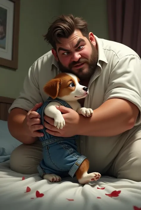 {
  "size": "1024x1792",
  "prompt": "A 4 heavyset man with a stern expression, dressed in white, is forcefully holding a small brown and white puppy on a bed. The puppy, wearing dirty denim overalls, is visibly resisting, squirming and trying to pull away...