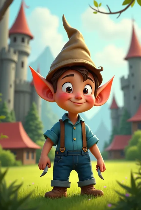 Create an image where at the top it says crazy camp and that is an image below that there is a little elf that has a hat with a point and that the hat covers his eyes and that has a small lock of hair coming out of the hat, the lock that is brown has suspe...