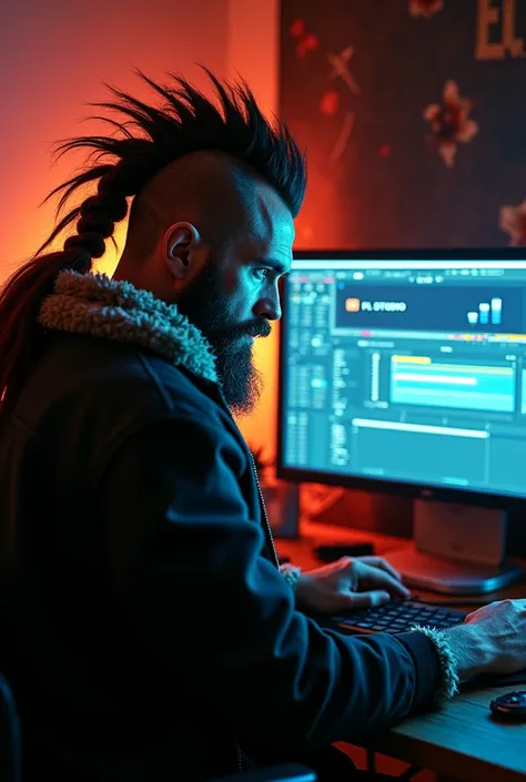 Create an image of a man with a long beard and a Viking-style mohawk, wearing a Wu-Tang Clan coat and sporting a long braid. He should be focused on his computer, producing beats using FL Studio. The setting should emphasize his concentration and creativit...