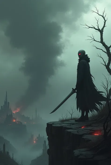 Under a sky thick with dark, black clouds, a hero from a dark anime stands on the edge of a rocky cliff overlooking a ruined city. The horizon is filled with collapsed towers and cracked walls, while columns of dark smoke rise from the fractured ground. Th...