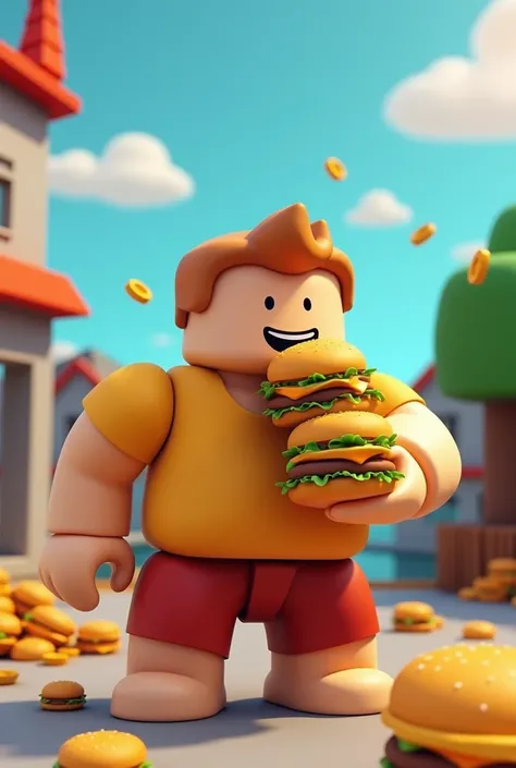 I want to see a fat guy eating hamburgers but in Roblox version

