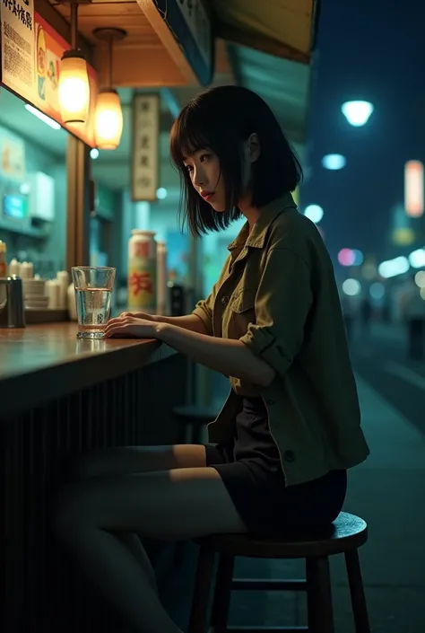 Night snack bar、Japanese woman sitting at the counter、２８age、Tired look、Jacket、mini skirt、A glass of water is placed on the counter.、