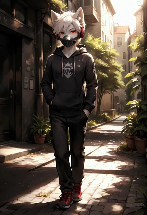 furry, wolf boy, humanoid male wolf, adorable, short white hair, red eyes, soft fur, wearing a muzzle, slim figure, slightly skinny, wearing a black hoodie, wearing headphones, wearing a muzzle, holding smartphone, full body, sunlight, front view, panorama...