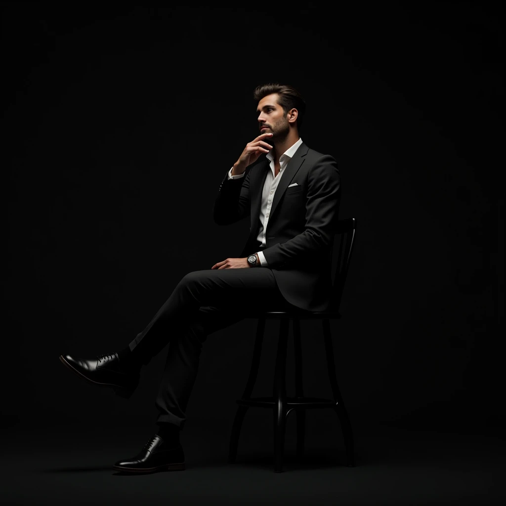 Make a stylish man pointing a little upwards, From the side Side, black backdrop, sitting down, distant