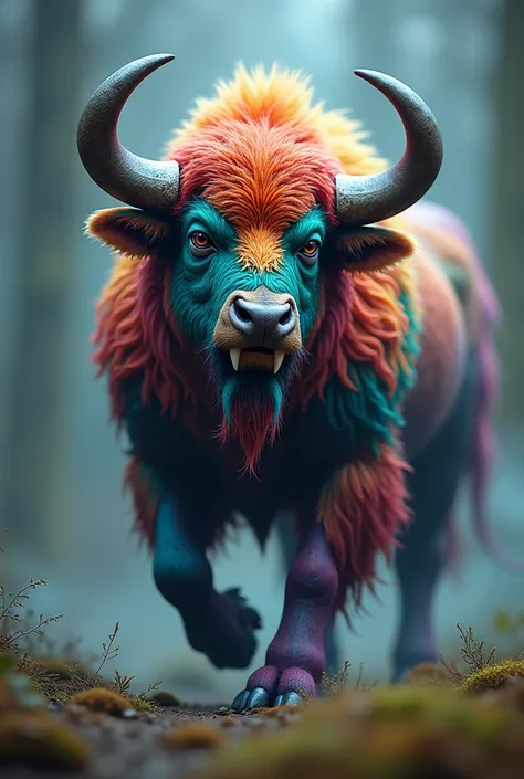 A creature look like a buffalo with horns and colorful furs and fangs from mouth