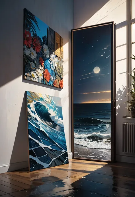 patchwork illustrations, conceptual installation art, fusion of acrylic and collage paintings, high and fine artwork, night seascape painting, delicate and dynamic textures, contrasts of light and shadow, 2.5D, artistic photography, hyper realistic, graphi...