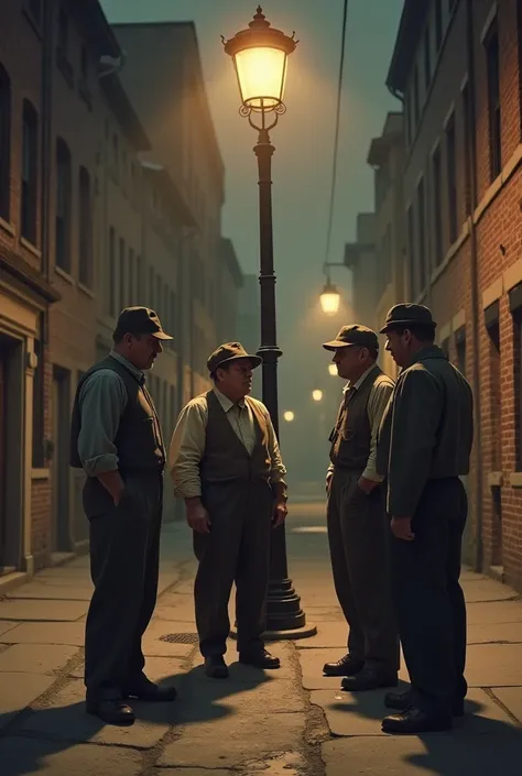 four proletarian men talking under a lamppost in the 1910s, put 1910 in the image 