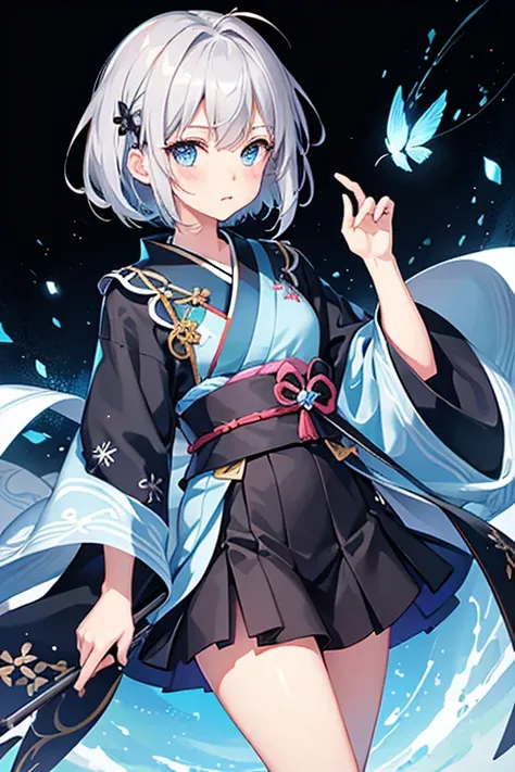 One Girl, Silver Short Hair, Sky blue eyes, kimono skirt, Black Background, cute, blush, Medium chest, Have a game controller, Highest quality++, Highest quality++