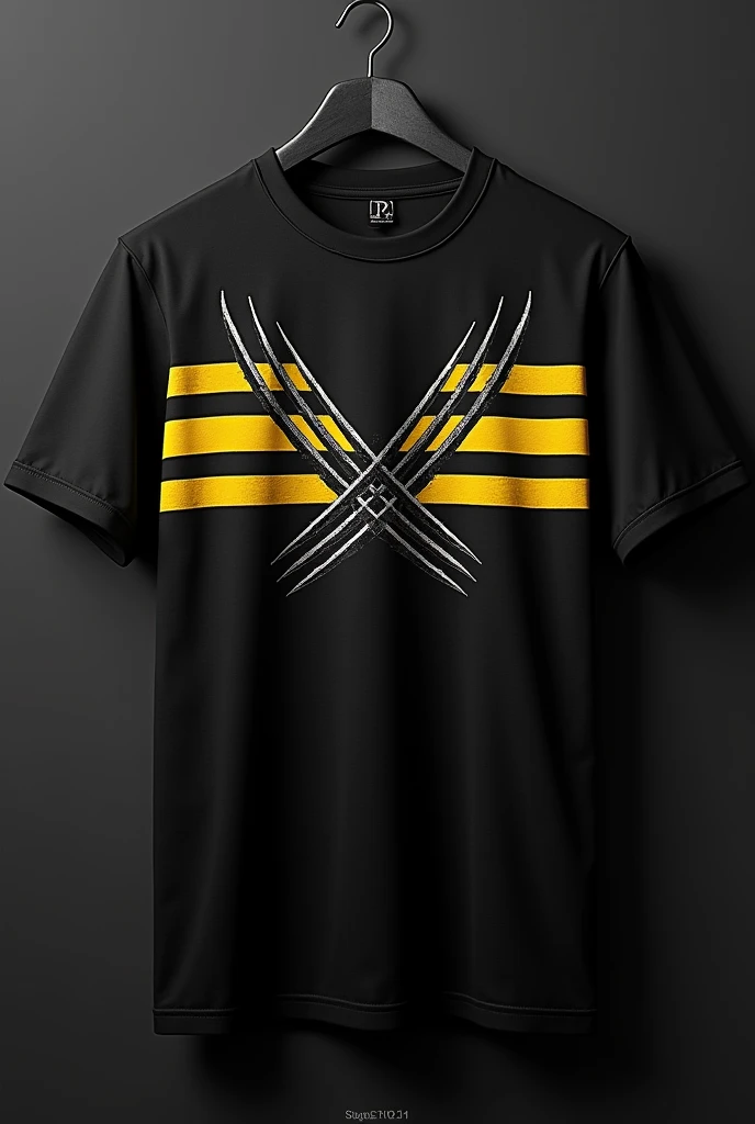 Create a black t-shirt with yellow stripes and a logo in the middle with a crossed Wolverine claw 

