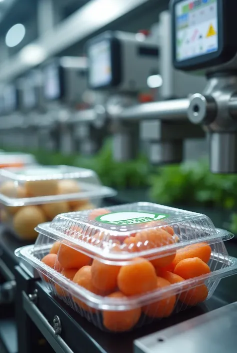 Machines that manufacture transparent plastic packaging for vegetables such as potatoes and carrots with the logo with the name plastivale 