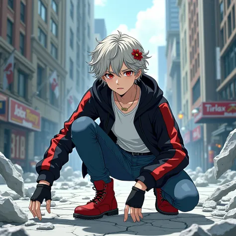 ((Hair: Grayish blond, Short curly styled)), ((Appearance: Fair-Skinned boy, around 160cms height, lean, little muscular)), ((Eyes: Bright scarlet-red)), ((Clothes: Black jacket with red stripes, on top of a white shirt)), ((Under clothes: Blue black jeans...