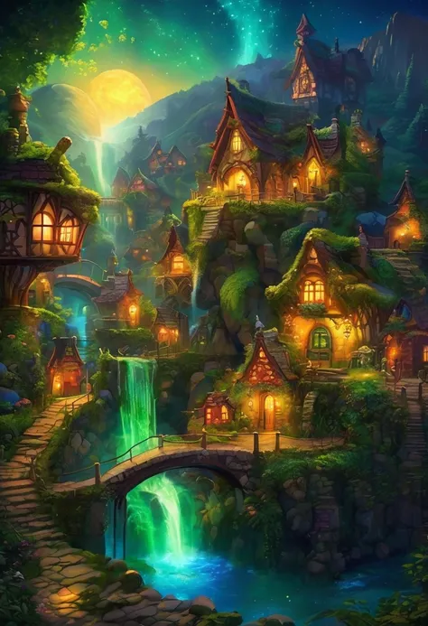 magical combine village, Magic Town , combine, Charm,Luminous sphere, Ethereal Mist,Mystery hint, dream-like, combinetale-like, Vibrant colors, Soft lighting, Magical creatures,Cobblestone Street, Ivy covered hut, Enchanted Forest, Whimsical architecture, ...