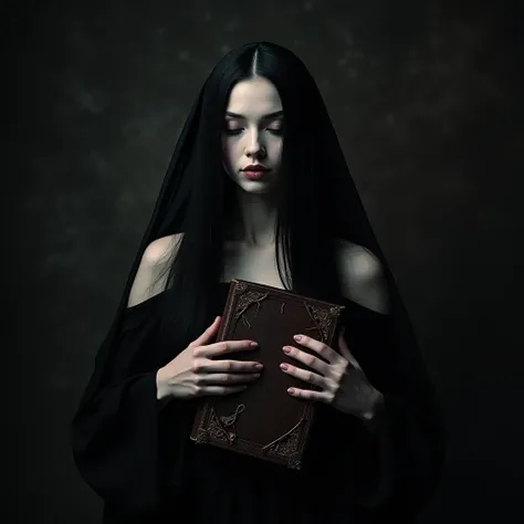 a beautiful woman with extremely pale skin, extremely long black hair, wearing a pure black off the shoulder dress with a wedding veil covering her face, emotionless expression, holding a large book made of stitched together skin, detailed portrait, dramat...