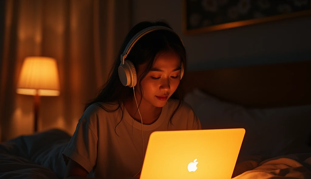 Girl listening the song with headphone in the room at night room light in front of laptop