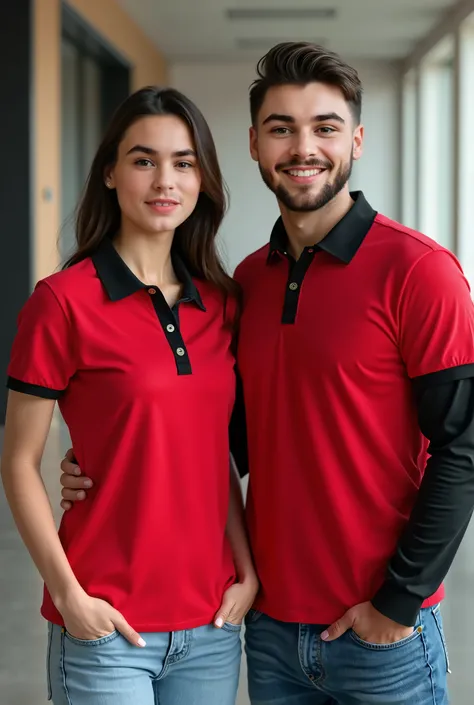 by business, American man and woman, wearing the same red polo shirt, with black shirt collar, Girl&#39;s polo shirt over jeans, smiling, light blue full body jean pants, long sleeve with black hem, with cotton jersey fabric 20/1, looking straight ahead
