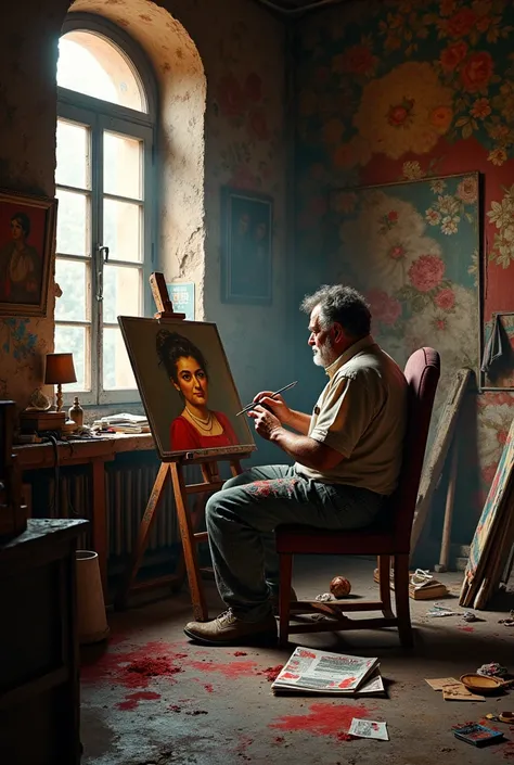 A 5 man, painter in a baroque era. He is painting a picture in his studio, the painting is on an easel. Much of the walls are covered with fabrics, But you can see the paintings he already painted piled up there.. There is only one light source in the plac...