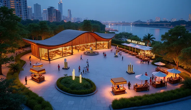 A panoramic photo from above looking down, at night looking from the river looking into the large square with the artwork as the center of the park area next to the HCMC river with the words Park Avenue Sai Gon, the roller skating path, the path is a wide ...