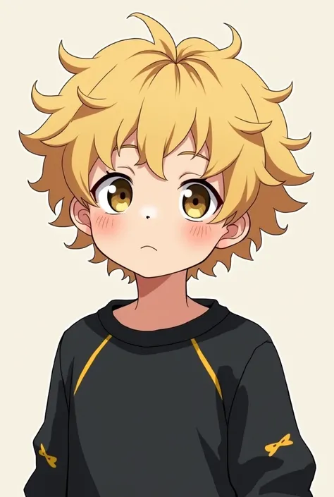 An anime style profile picture of a young boy, curly blonde hair, medium frizzy, wearing a black sweatshirt with small yellow details 