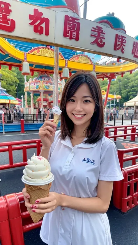 woman,Japanese,amusement park,smile,ice cream