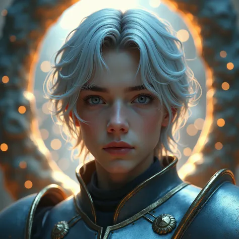 a beautiful detailed portrait of a man in their late teens, wearing light armor without helmets, with silver medium-length hair, a portal in the background, (best quality,4k,8k,highres,masterpiece:1.2),ultra-detailed,(realistic,photorealistic,photo-realist...