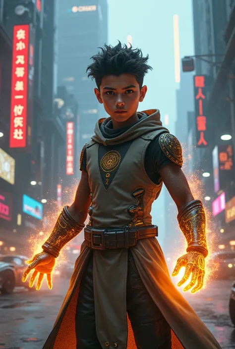 Generate a magical cyberpunk earth bender power boy 