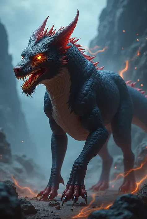 Dark red black and dark blue and dark grey dragon wolf hybrid