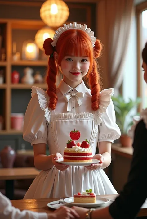 Promotional photo, the place is a cafe, 1 girl,  face, waitress bringing cake to the table, Redhead Twin Tails, gentle face, half gothic lolita costume and maid costume with strawberry image, white based clothing,