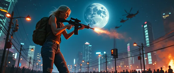 Detailed photo quality、The background is the Roppongi intersection in Tokyo.、Tokyo Tower in the center of the background、Night starry sky、Extra-large full moon、There are many living dead walking around、LIVING DEAD attacks the protagonist、The protagonist is...