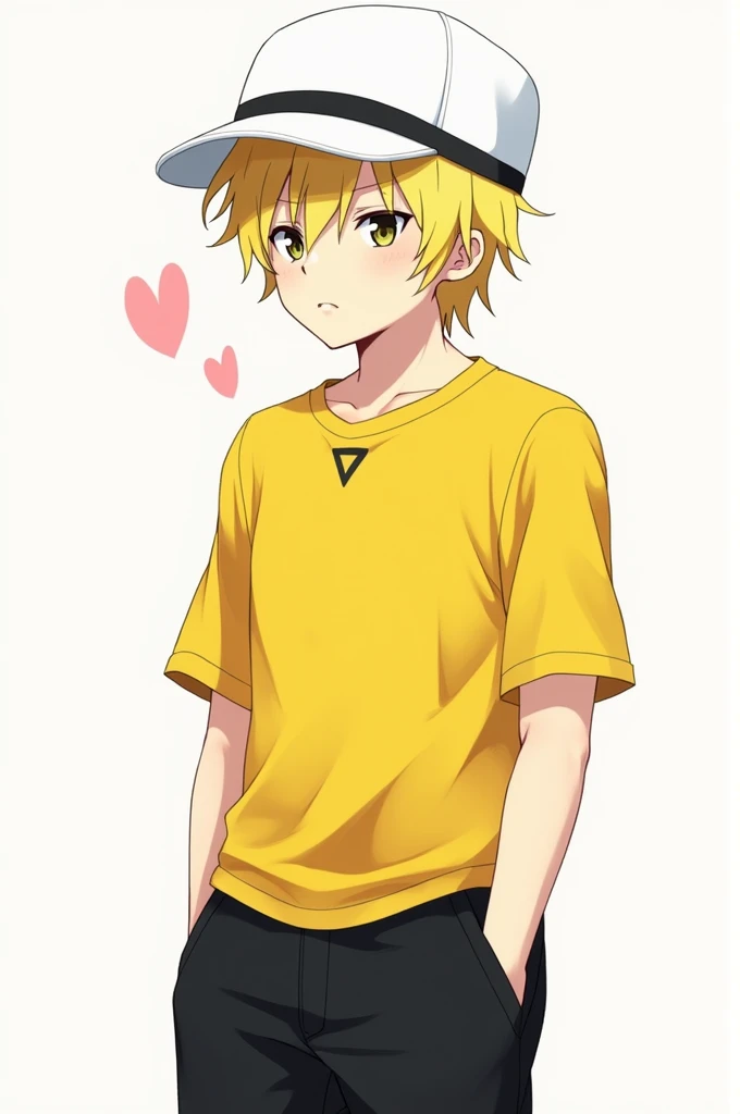 male anime character blonde hair white hat yellow shirt black shorts no face