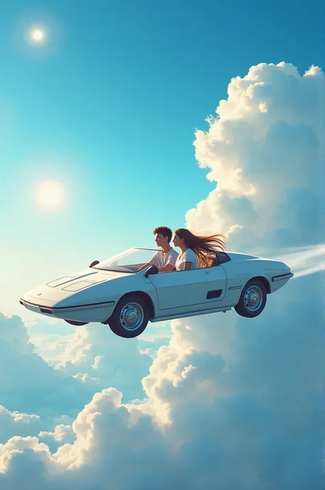 "The sky is open and vast, with big, fluffy clouds scattered across it. A car is soaring through the air, with its roof open, and inside, a young boy and girl, both 1, are sitting together. The scene is breathtakingly beautiful."

Ya phir, agar aapko thoda...