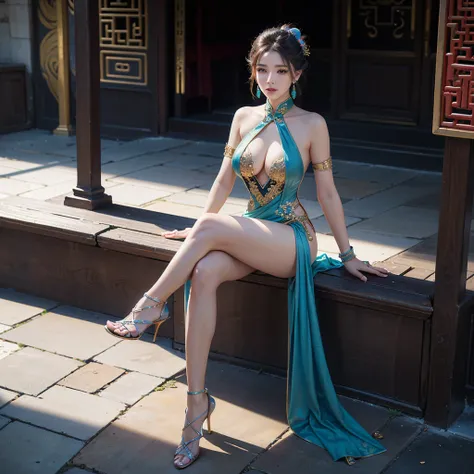 (((8K, masterpiece, best quality, ultra detailed, photoreal))), a 20s woman, crossed legs, ((chinese style high-slit colorful revealing costume)), detaild legs skin, slender, (huge breasts), many large presence accessaries, stiletto heel, hair ornaments, e...