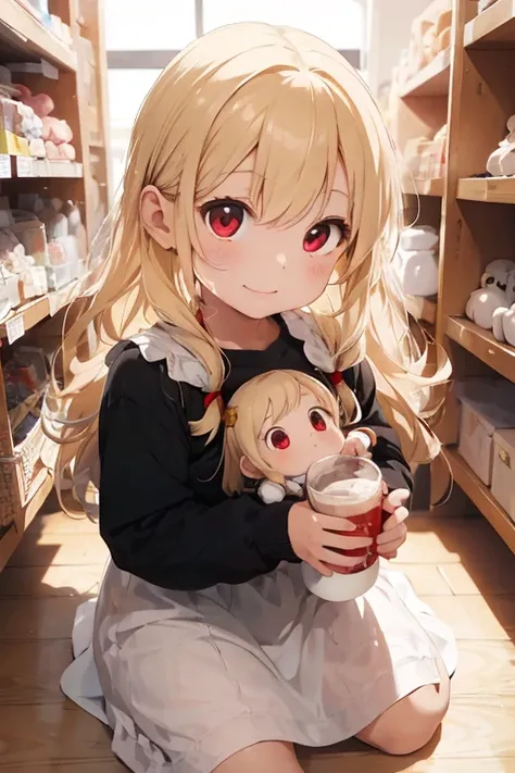 1 female, as a child, white long sleeve dress, blonde long hair, rosa cheeks, younger body, doll store, baby doll, happy face, red eyes, milk, drinking