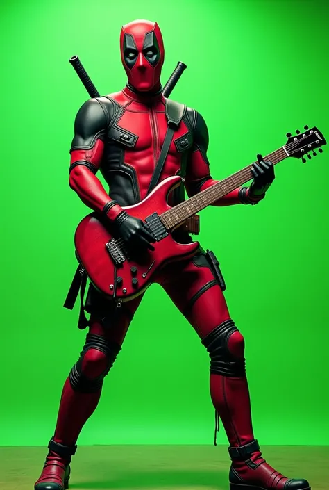 Deadpool holding a rock guitar in his hands as if he were rocking and the background is green as a template with a rocker position but as if he were a rocker 