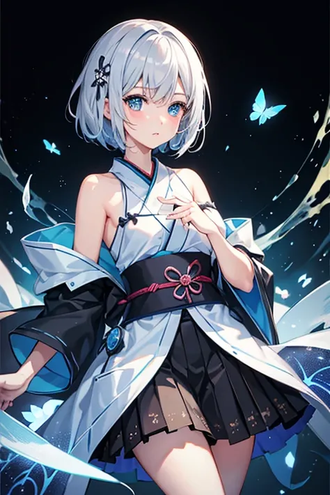 One Girl, Have a game controller in your hand, Playing video games, Silver Short Hair, Sky blue eyes, kimono skirt, Black Background, cute, blush, Medium chest, Highest quality++, Highest quality++