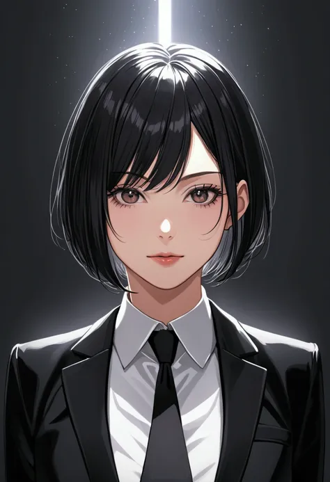 Woman with short straight hair: wearing a black suit