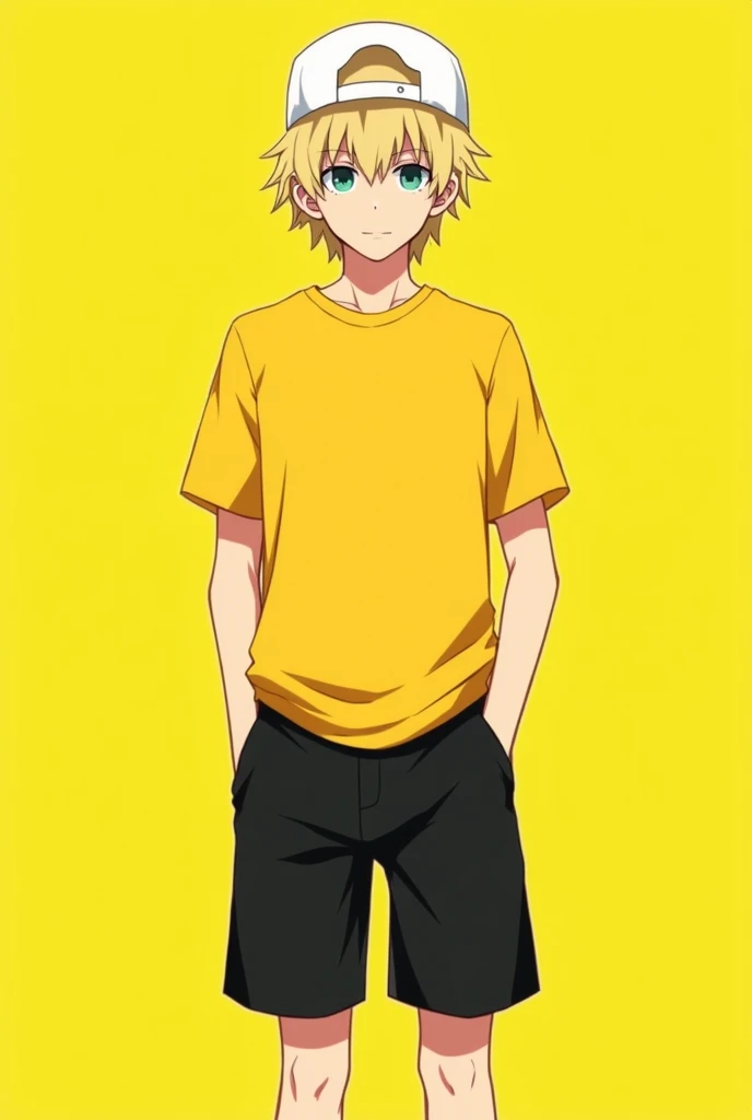 male anime character blonde hair white hat yellow shirt black shorts no face Yellow background 