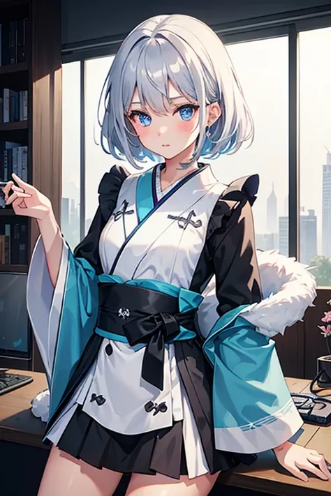 One Girl, Have a game controller in your hand, Playing PC games, Silver Short Hair, Sky blue eyes, kimono skirt, Black Background, cute, blush, Medium chest, Highest quality++, Highest quality++