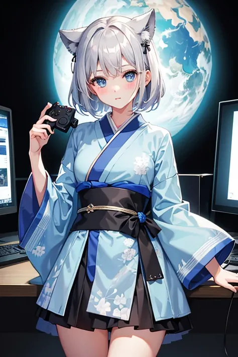 One Girl, Have a game controller in your hand, Playing PC games, Silver Short Hair, Sky blue eyes, kimono skirt, Black Background, cute, blush, Medium chest, Highest quality++, Highest quality++