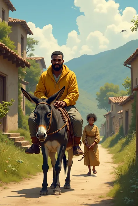 Help me create an image in which the child from the previous image can be seen, The dark-skinned man wearing the yellow sweater riding a donkey along a road. Remember that the location is from a town. 