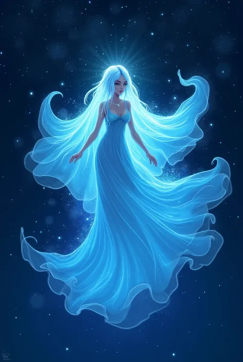 Cartoon, of a goddess with a blue luminous magic veil on her head covering her entire body and spinning like a cornflower in space and wandering the galaxyCartoon, of a goddess with a blue luminous magic veil on her head covering her entire body and spinni...