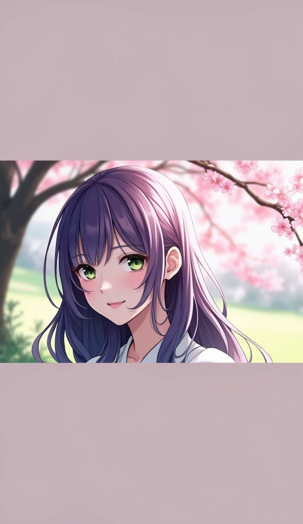 A beautiful women, purple hairs, green eyes, red cherry blossom in background 