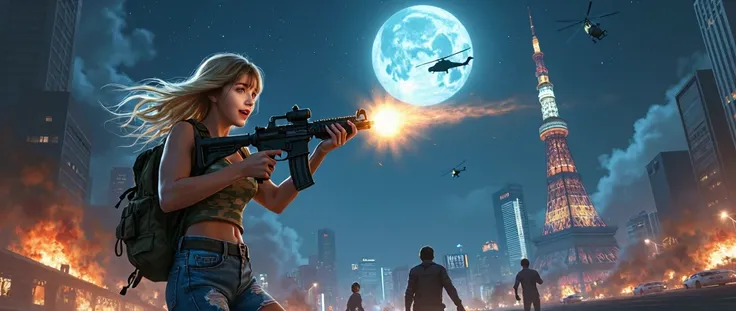 Detailed photo quality、The background is the Roppongi intersection in Tokyo.、Tokyo Tower in the center of the background、Night starry sky、Extra-large full moon、There are many living dead walking around、LIVING DEAD attacks the protagonist、The protagonist is...