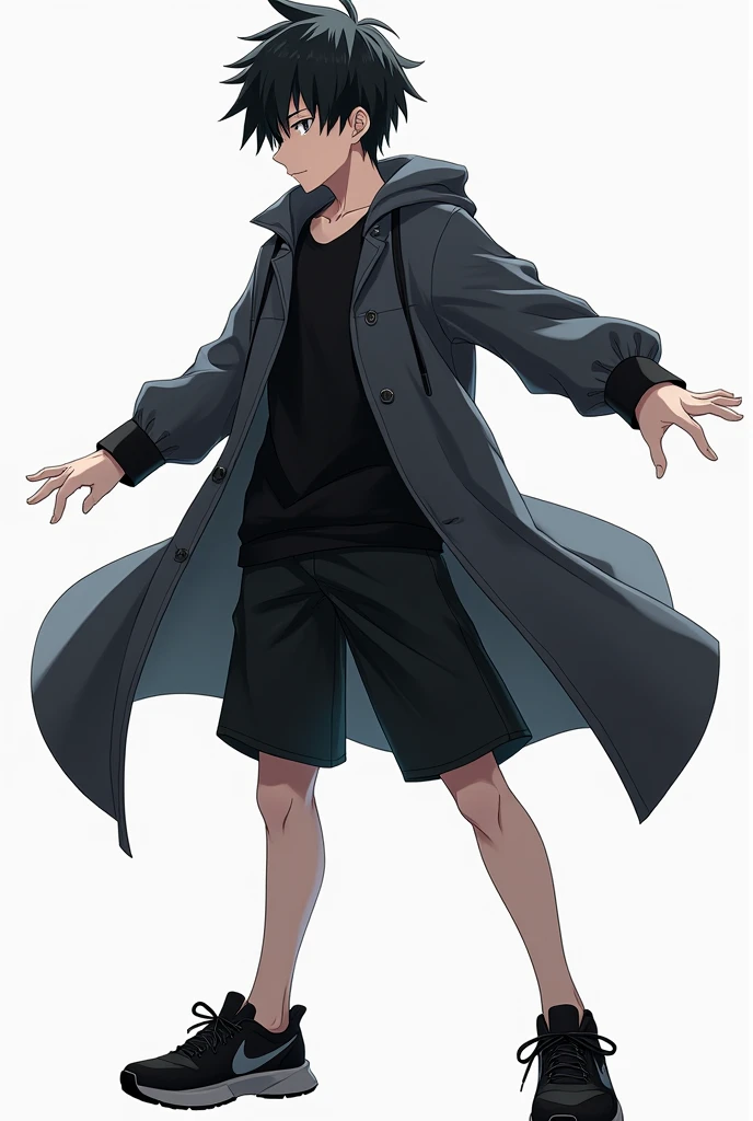 (photo anime), young male, making an epic pose, wearing a black t-shirt with a dark grey coat, shorts negros, black hair, black sports shoes, His skin is light grey