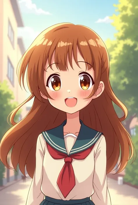 Cartoon girl long wavy brown hair wearing school uniform