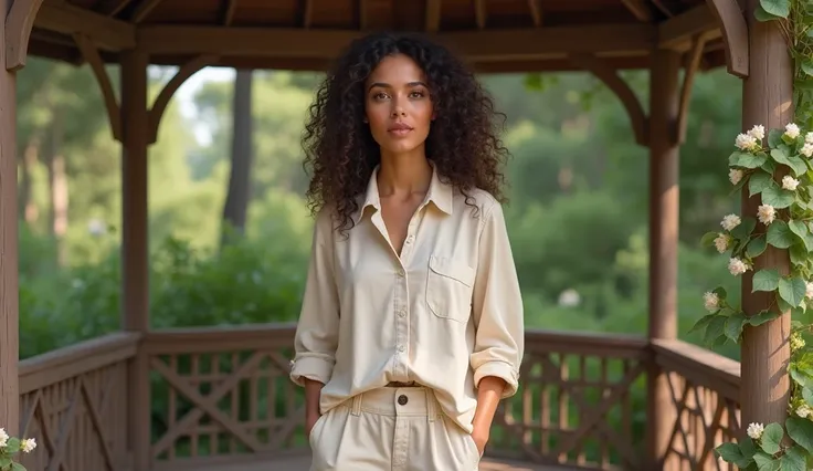 full front body of a normal woman with curly hair dressed informally at a gazebo