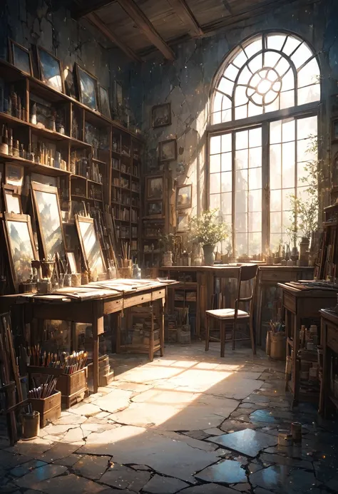 a dimly lit, fantastical artists atelier, with scattered wooden furniture, art supplies, and brushes, soft natural light streaming through a window, aged and cracked walls, an overall mystical and ethereal atmosphere