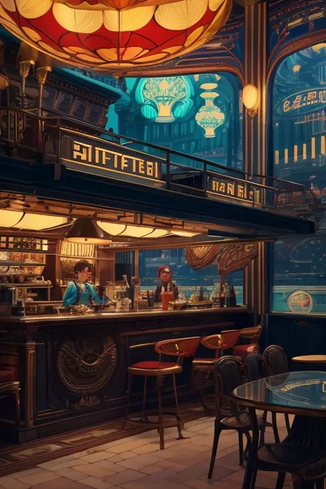 Retrofuturistic floating coffee shop, highly detailed coffee cups, highly detailed, cinematic lighting, 1900s aesthetic, people drinking coffee and donuts, patriotism, vibrant colors, brass and glass materials, art nouveau architecture, highly technical, s...