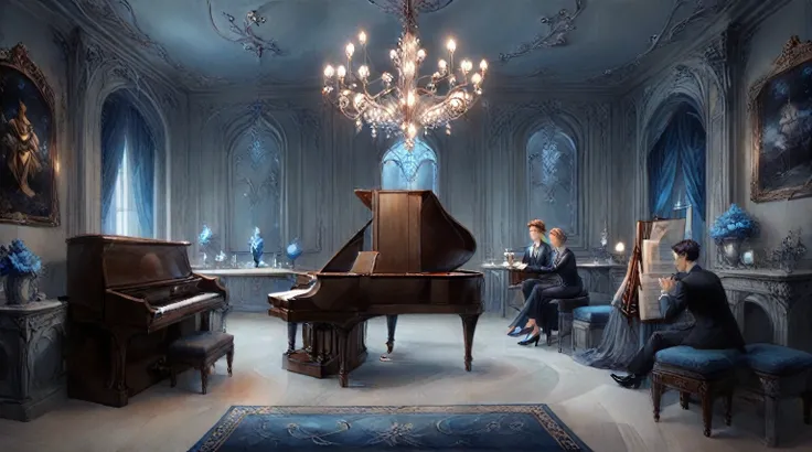 anime style mid-range room，elegant interior room, gorgeous decoration, central grand piano, elegant chandelier, soft lighting, f...